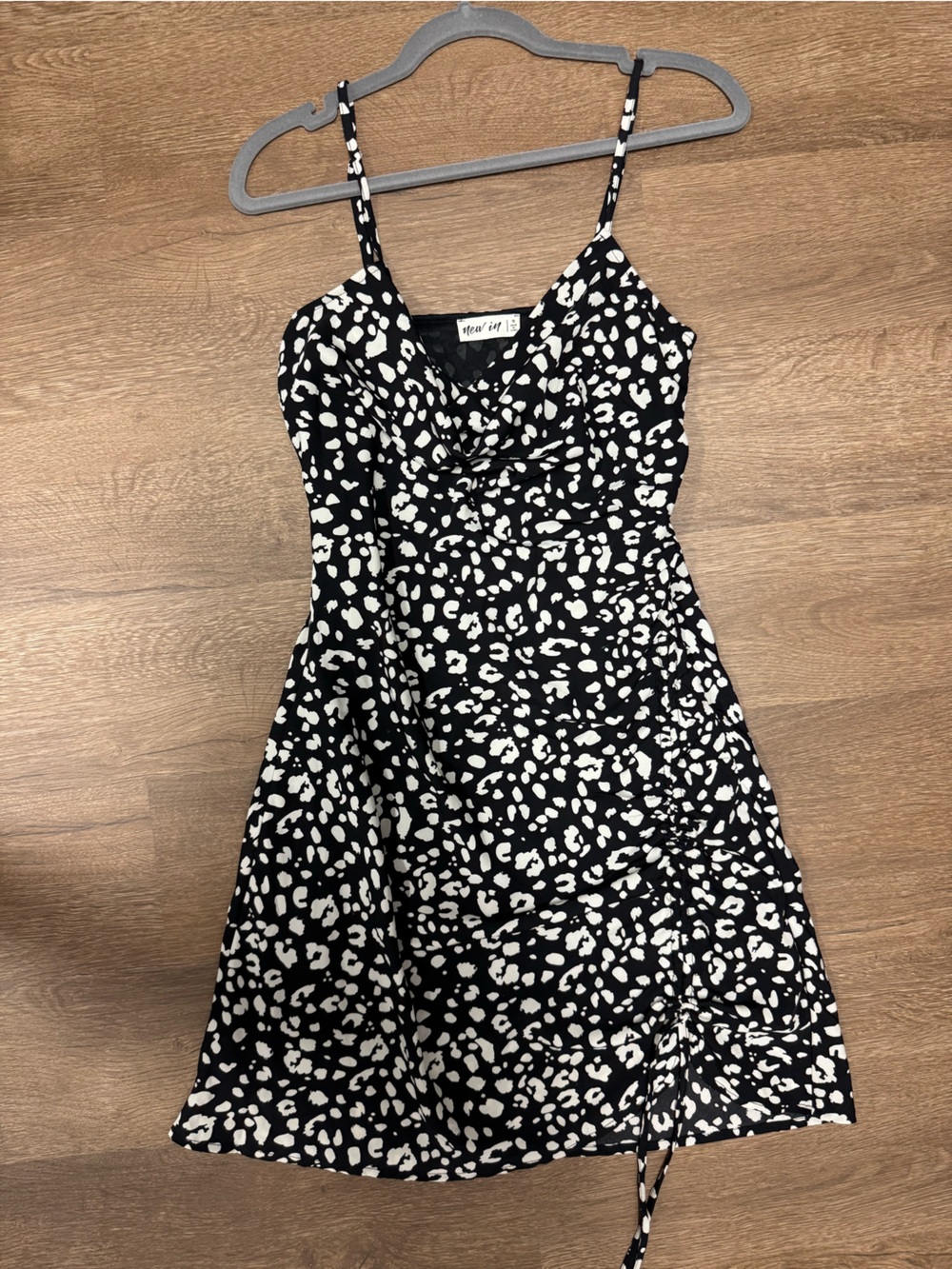 black & white print ruched slip dress